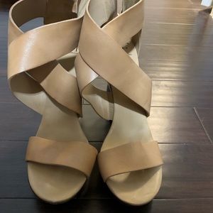 Tan and Wood Platform Wedge Heels